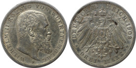 Deutsche Münzen und Medaillen ab 1871, REICHSSILBERMÜNZEN, Württemberg, Wilhelm II. (1891-1918). 3 Mark 1909 F, Silber. Jaeger 175. Vorzüglich