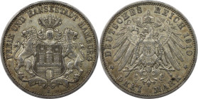 Deutsche Münzen und Medaillen ab 1871, REICHSSILBERMÜNZEN, Hamburg. 3 Mark 1910 J. Silber. Jaeger 64. Vorzüglich