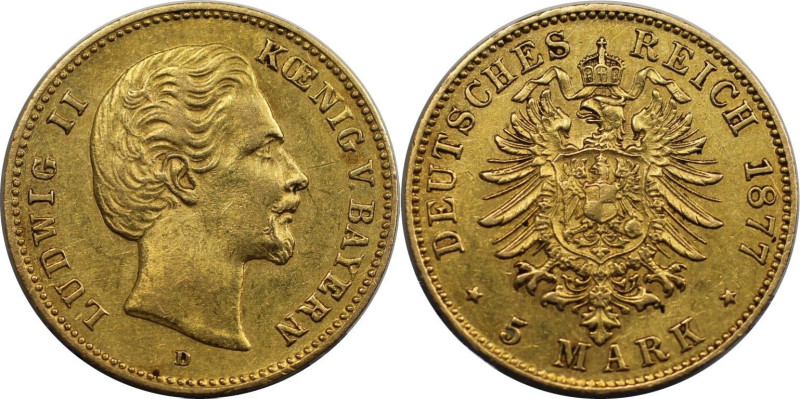 Deutsche Münzen und Medaillen ab 1871, REICHSGOLDMÜNZEN, Bayern. 5 Mark 1877 D, ...