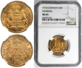 Deutsche Münzen und Medaillen ab 1871, REICHSGOLDMÜNZEN, Hamburg. 20 Mark 1913 J. Gold. 8,0 g. Jaeger 212, AKS 38. NGC MS 64