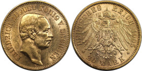 Deutsche Münzen und Medaillen ab 1871, REICHSGOLDMÜNZEN, Sachsen. Friedrich August III. (1902-1918). 20 Mark 1905 E. Gold. Fast Stempelglanz
