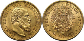 Deutsche Münzen und Medaillen ab 1871, REICHSGOLDMÜNZEN, Wurttemberg. Karl (1864-1891). 5 Mark 1877 F, Stuttgart. Gold. 1,97 g. Jaeger 291. Fr. 3875. ...
