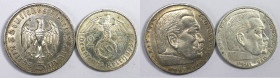 Deutsche Münzen und Medaillen ab 1871, 3. REICH 1933-1945, Lots und Sammlungen. 5 Reichsmark 1936 A, 2 Reichsmark 1937 A. Lot von 2 Münzen. Silber. KM...