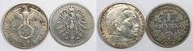 Deutsche Münzen und Medaillen ab 1871, LOTS UND SAMMLUNGEN. 1 Mark 1874 F. 2 Reichsmark 1939 A. Lot von 2 Münzen. Silber. KM 7, 93. Vorzüglich