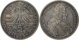 Deutsche Münzen und Medaillen ab 1945, BUNDESREPUBLIK DEUTSCHLAND. Ludwig Wilhelm Markgraf von Baden (1655 - 1707). 5 Mark 1955 G, Silber. Jaeger 390....