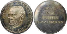 Deutsche Münzen und Medaillen ab 1945, BUNDESREPUBLIK DEUTSCHLAND. Konrad Adenauer. Medaille 1967, Silber. 1.6 OZ. Polierte Platte
