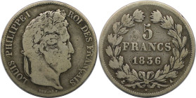 Europäische Münzen und Medaillen, Frankreich / France. Louis Philippe I. (1830-1848). 5 Francs 1836 A. Silber. KM 749.1. Schön+