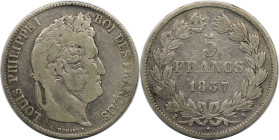 Europäische Münzen und Medaillen, Frankreich / France. Louis Philippe I. (1830-1848). 5 Francs 1837 A. Silber. KM 749.1. Schön+