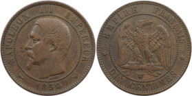 Europäische Münzen und Medaillen, Frankreich / France. Napoleon III. (1852-1870). 10 Centimes 1854 W. Bronze. KM 771.7. Fast Vorzüglich