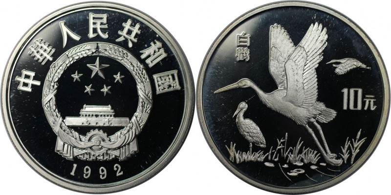 Weltmünzen und Medaillen, China. Weisse Störche. 10 Yuan 1992. 27,0 g. 0.925 Sil...