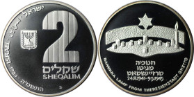 Weltmünzen und Medaillen, Israel. Chanukka - Leuchter aus Theresienstadt. 2 Sheqalim 1984. 28,80 g. 0.850 Silber. 0.79 OZ. KM 145. Polierte Platte