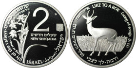 Weltmünzen und Medaillen, Israel. Wildleben - Bock und Lilie. 2 New Sheqalim 1992. 28,80 g. 0.925 Silber. 0.86 OZ. KM 232. Polierte Platte