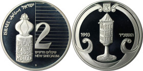 Weltmünzen und Medaillen, Israel. Judaic - Havadalah-Gewürzdose. 2 New Sheqalim 1993. 28,80 g. 0.925 Silber. 0.86 OZ. KM 251. Polierte Platte