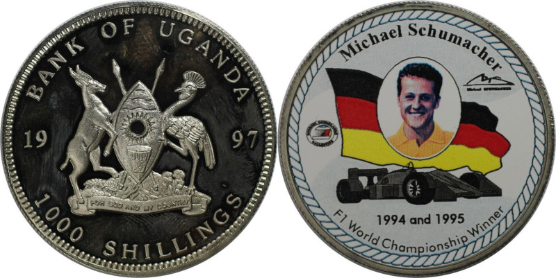 Weltmünzen und Medaillen, Uganda. Michael Schumacher. 1000 Shillings 1997. Kupfe...