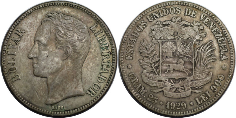 Weltmünzen und Medaillen, Venezuela. 5 Bolivares 1929, Silber. KM Y 24.2. Sehr s...