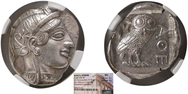 ATTICA, Athens. 440-404 BC. Silver Tetradrachm (17.21 gm; 24 mm). NGC-MS. Helmet...