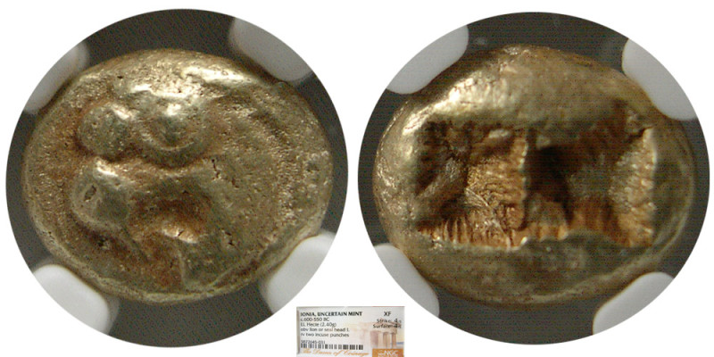 IONIA, Uncertain Mint. Circa 600-550 BC. EL Hecte (2.40 gm; xx mm). Obv. Lion he...