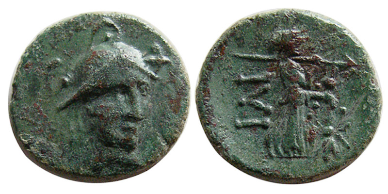 TROAS; Ilion. Ca. 300-240 BC. Æ (1.81 gm; 13 mm). Helmeted head of Athena, three...