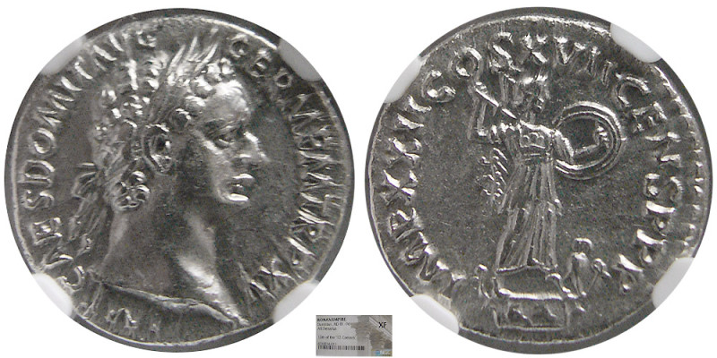 ROMAN EMPIRE; Domitian. 81-96 AD. AR Denarius. NGC-XF. Rome, AD 92. IMP CAES DOM...