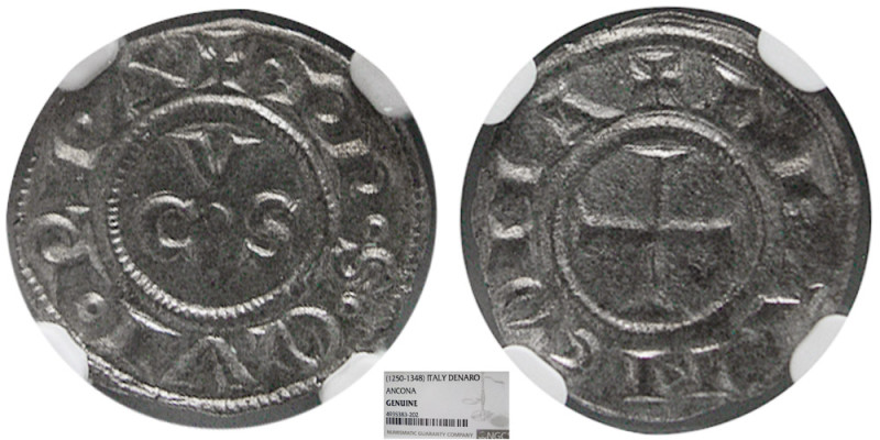 ITALY; Ancona. 1250-1348 AD. AR Denaro. NGC-Genuine. Obv: + DE ANCONA. Cross. Re...