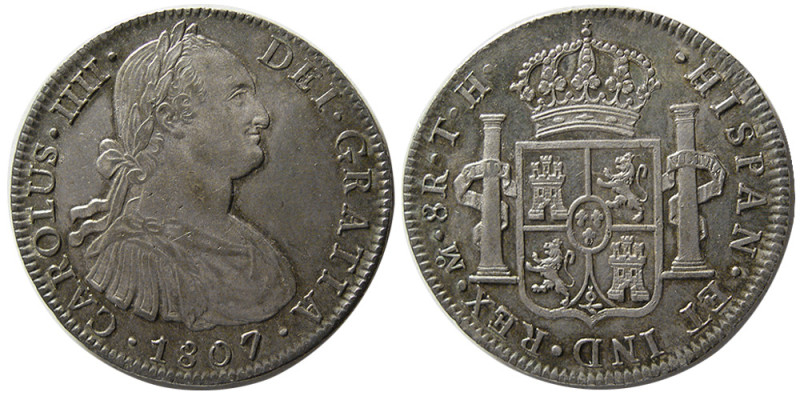 MEXICO. Carolus IIII. 1807-8 T.H. Silver 8 Reales (26.90 gm; 40 mm). Mexico City...