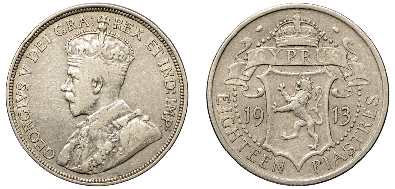 Cyprus, British Administration, George V, 1910-1936. 18 Piastres, 1913, Royal mi...