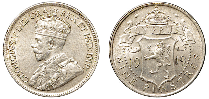 Cyprus, British Administration, George V, 1910-1936. 9 Piastres, 1919, Royal min...