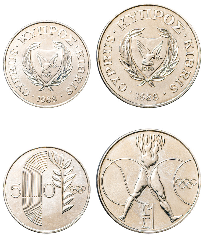 Cyprus, Republic, 1960-. Lot of 2 coins comprising 50 Cents, 1988, Seoul Olympic...