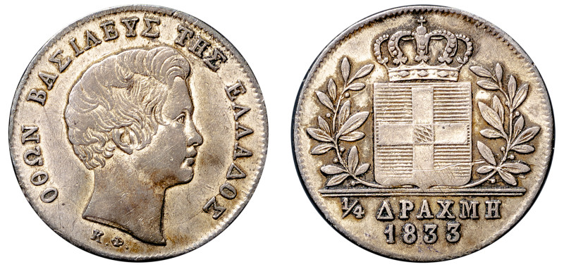 Greece, King Otto, 1832-1862. 1/4 Drachma, 1833, First Type, Munich mint, 1.08g ...