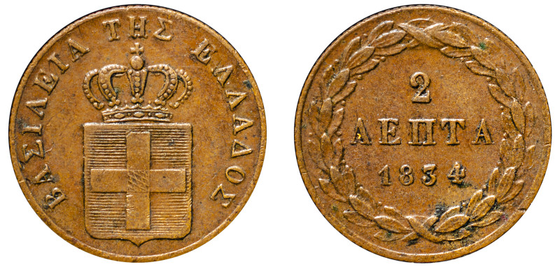 Greece, King Otto, 1832-1862. 2 Lepta, 1834, First Type, Munich mint, 2.50g (KM1...