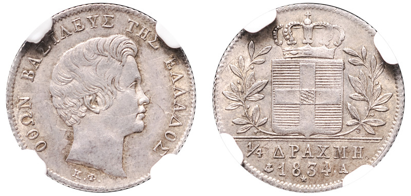 Greece, King Otto, 1832-1862. 1/4 Drachma, 1834 A, First Type, Paris mint (KM18;...