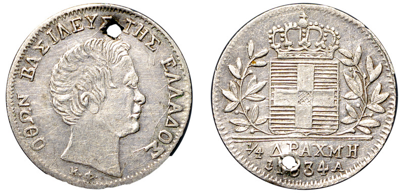 Greece, King Otto, 1832-1862. “Koulouriotiko” 1/4 Drachma, 1834 A, First Type, 1...