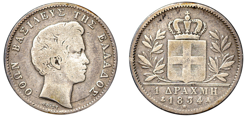 Greece, King Otto, 1832-1862. Drachma, 1834 A, First Type, Paris mint, 4.29g (KM...