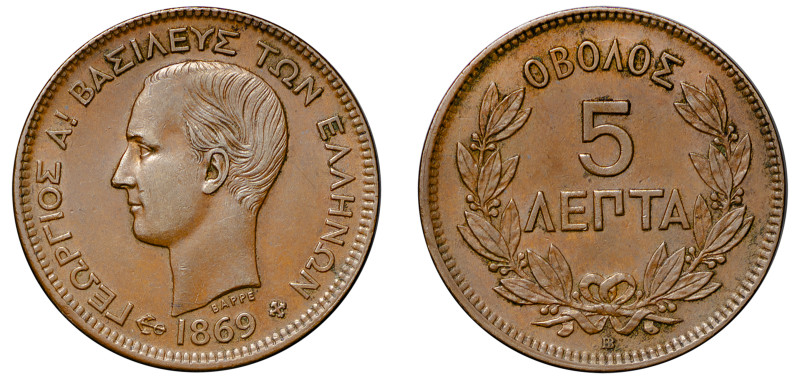 Greece, King George I, 1863-1913. 5 Lepta, 1869 BB, First Type, Strasbourg mint,...