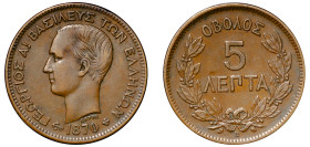 Greece, King George I, 1863-1913. 5 Lepta, 1870 BB, First Type, Strasbourg mint, 5.00g (KM42; Divo 63b; IV7).

About extremely fine.

From the “Athana...
