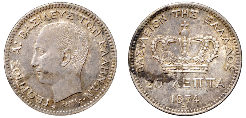 Greece, King George I, 1863-1913. 20 Lepta, 1874 A, First Type, Paris mint, 1.00...