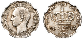 Greece, King George I, 1863-1913. 50 Lepta, 1874 A, First Type, Paris mint (KM37; Divo 55b; IV2).

Graded MS62 NGC.