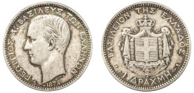 Greece, King George I, 1863-1913. Drachma, 1874 A, First Type, Paris mint, 5.00g (KM38; Divo 53c; IV3).

About extremely fine with great even peripher...