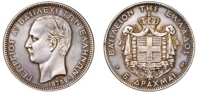 Greece, King George I, 1863-1913. 5 Drachmai, 1875 A, First Type, Paris mint, 24.92g (KM46; Divo 50a; IV10; Dav. 117).

Extremely fine.

From the “Ath...