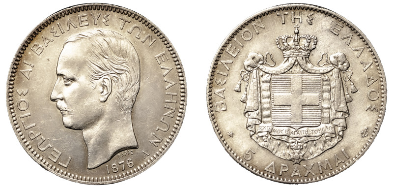 Greece, King George I, 1863-1913. 5 Drachmai, 1876 A, First Type, Paris mint, 24...