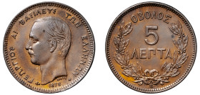 Greece, King George I, 1863-1913. 5 Lepta, 1878 K, Second Type, Bordeaux mint, 5.00g (KM54; Divo 64a; IV18).

Extremely fine.

From the “Athanasios” c...