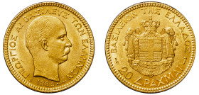 Greece, King George I, 1863-1913. AV 20 Drachmai, 1884 A, Second Type, Paris mint, 6.45g (KM56; Divo 47; IV20; Fr. 18).

About extremely fine.

From t...