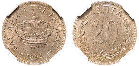 Greece, King George I, 1863-1913. 20 Lepta, 1894 A, Second Type, Paris mint (KM57; Divo 57b; IV21).

Graded MS61 NGC.

From the “Athanasios” collectio...