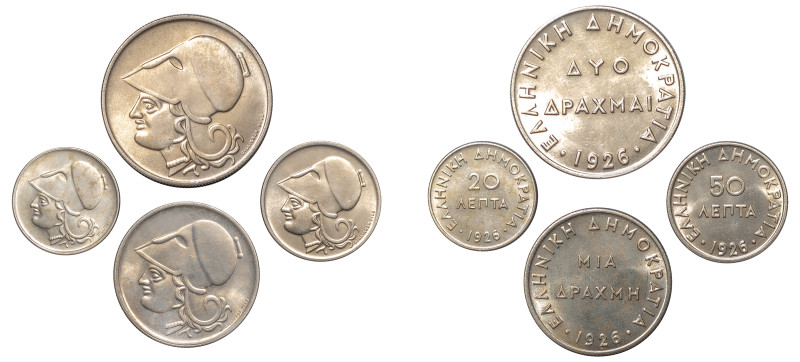 Greece, First Republic, 1924-1935. Lot of 4 coins comprising 20 Lepta, 1926, Vie...