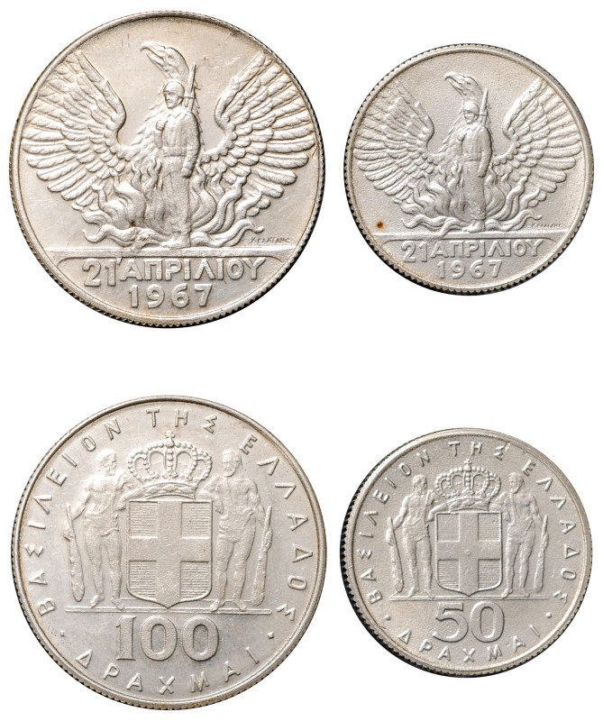 Greece, King Constantine II, 1964-1973. Lot of 2 coins comprising 50 Drachmai, N...