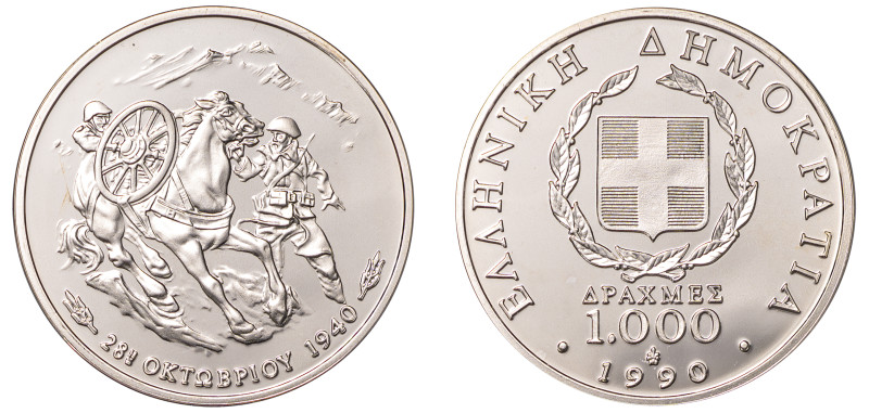 Greece, Third Republic, 1974-. AR Proof 1.000 Drachmai, 1990, 50th Anniversary -...