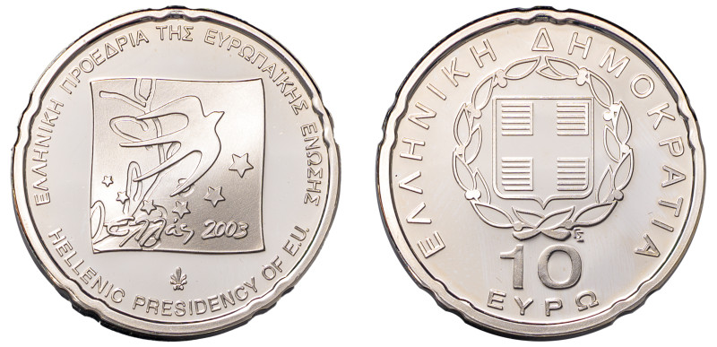 Greece, Third Republic, 1974-. AR Proof 10 Euros, 2003, Greek Presidency of the ...