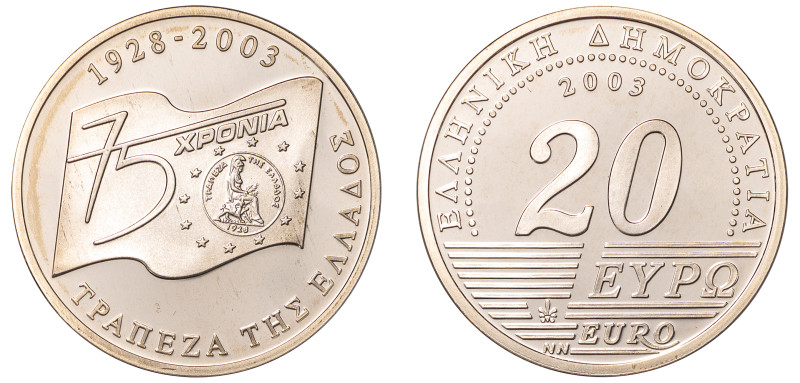 Greece, Third Republic, 1974-. AR Proof 20 Euros, 2003, 75 Years Bank of Greece,...