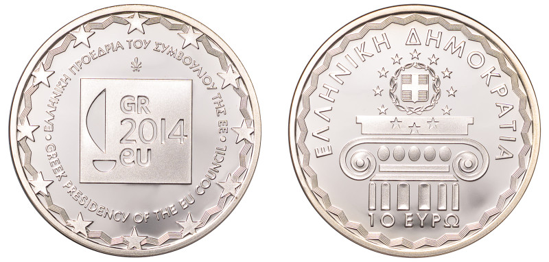 Greece, Third Republic, 1974-. AR Proof 10 Euros, 2014, Greek Presidency of the ...