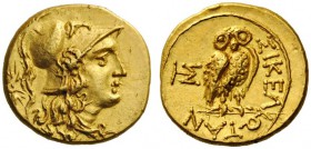  GREEK COINS   Sicily   The Sikeliotes, c. 214-213 BC. 25 Litrai (Gold, 12mm, 2.07g 12), Morgantina. Head of Athena to right, wearing crested Corinthi...